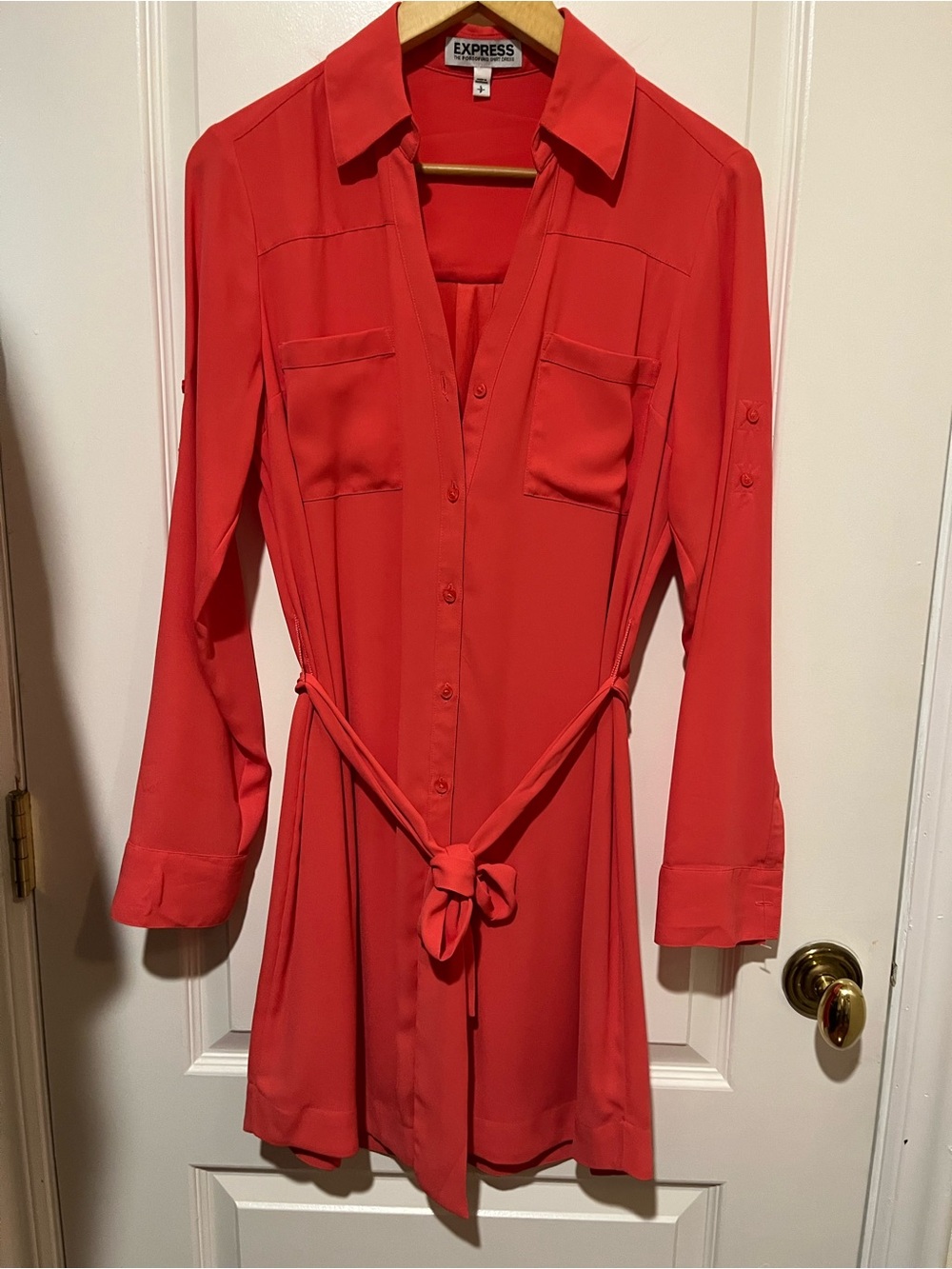 Express Coral Red Long Sleeve Shirt Dress with Tie Waist